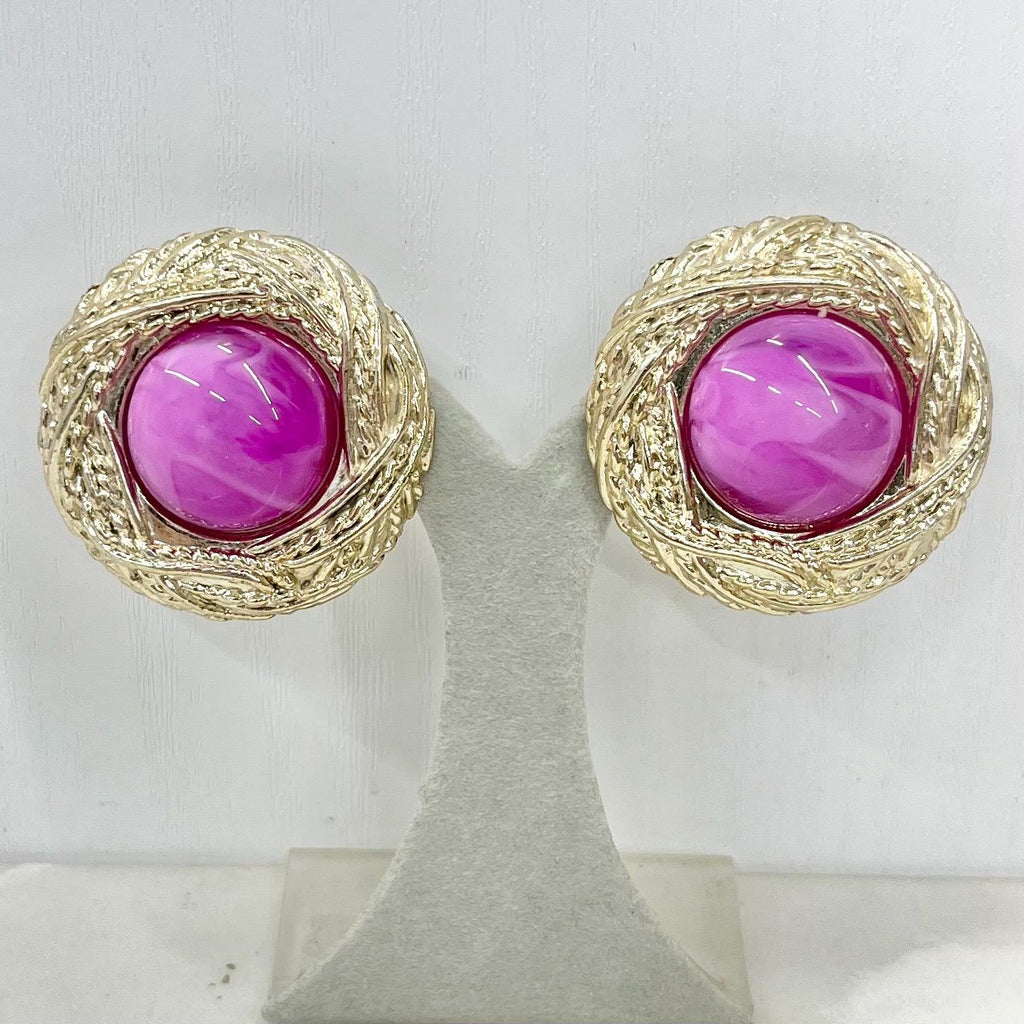 Vintage Large Acrylic Round Magenta Pink Swirl Domed Statement Earrings Gold Tone for Pierced Ears 1980’s - 1990’s MillyOliverVintage