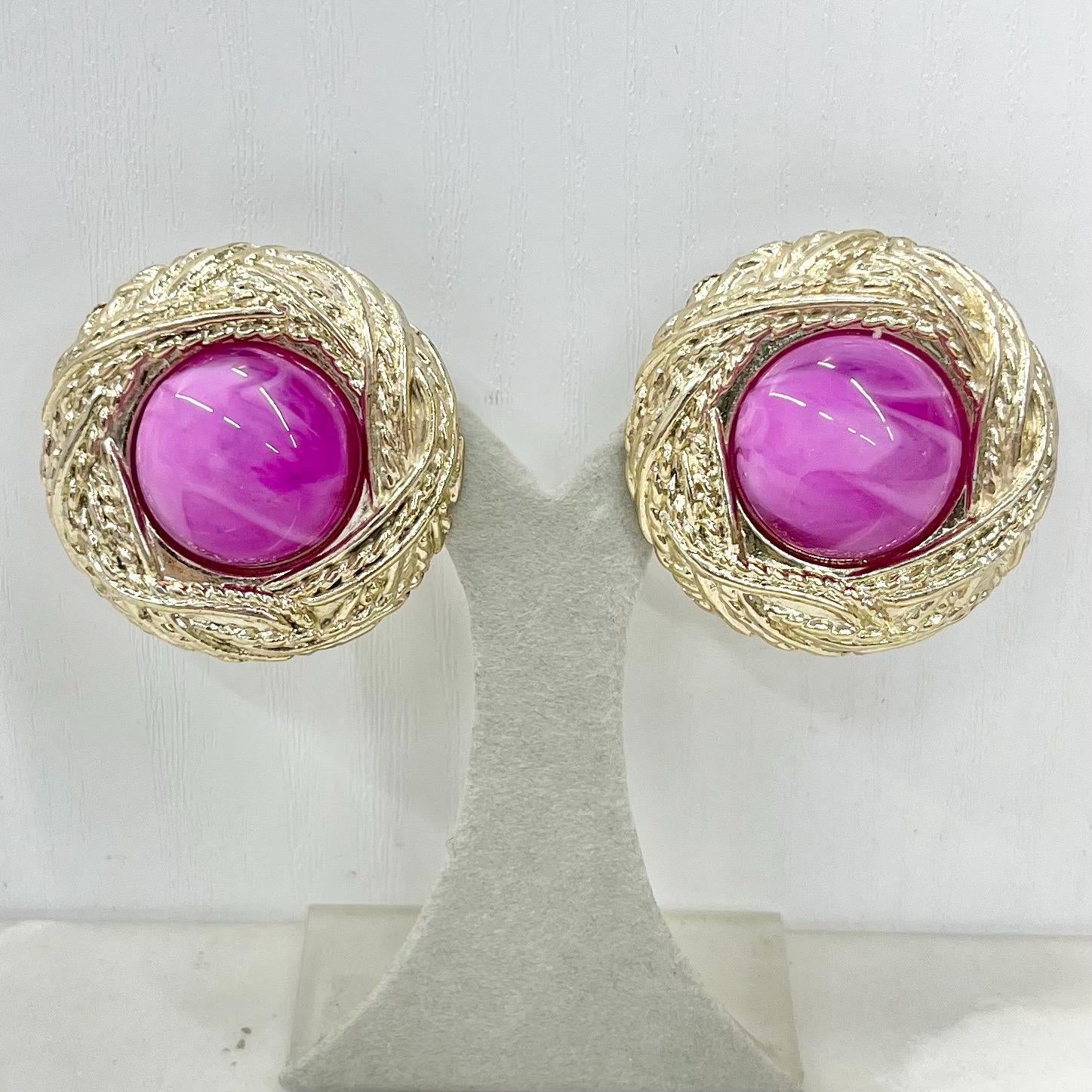 Vintage Large Acrylic Round Magenta Pink Swirl Domed Statement Earrings Gold Tone for Pierced Ears 1980’s - 1990’s MillyOliverVintage