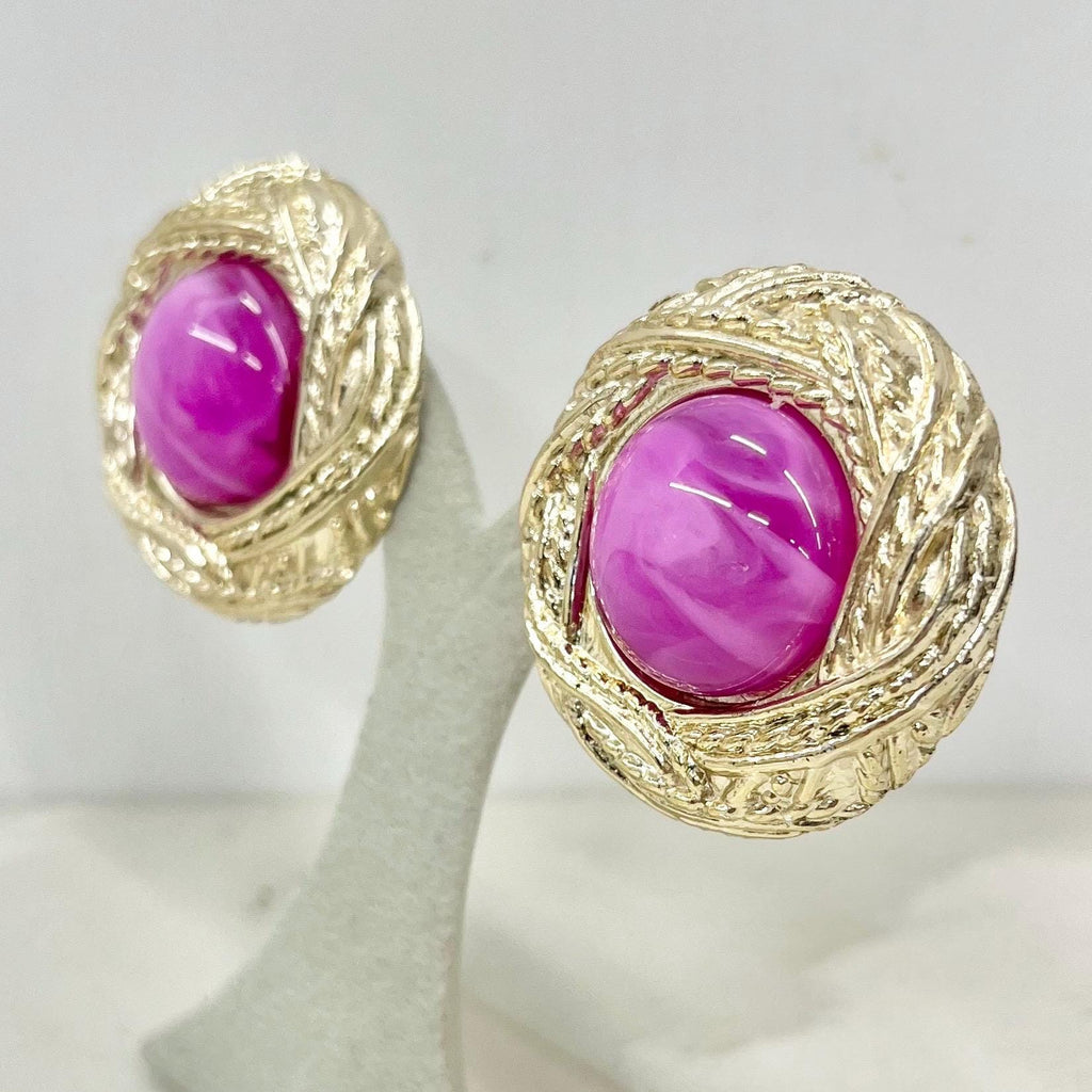 Vintage Large Acrylic Round Magenta Pink Swirl Domed Statement Earrings Gold Tone for Pierced Ears 1980’s - 1990’s MillyOliverVintage
