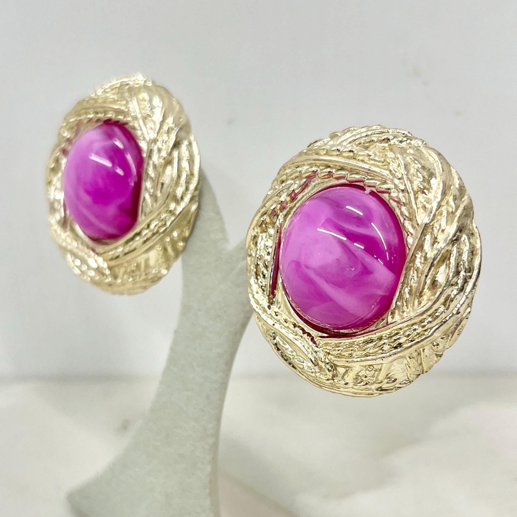 Vintage Large Acrylic Round Magenta Pink Swirl Domed Statement Earrings Gold Tone for Pierced Ears 1980’s - 1990’s MillyOliverVintage