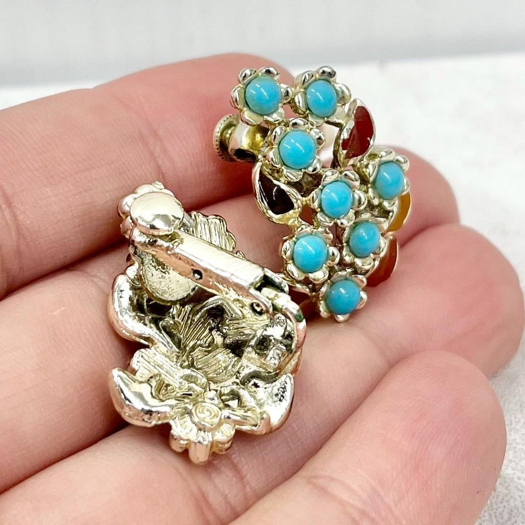 Vintage Faux Turquoise Blue & Enamel Jewelcraft Clip On Earrings Gold Plated Hollywood Glamour MillyOliverVintage
