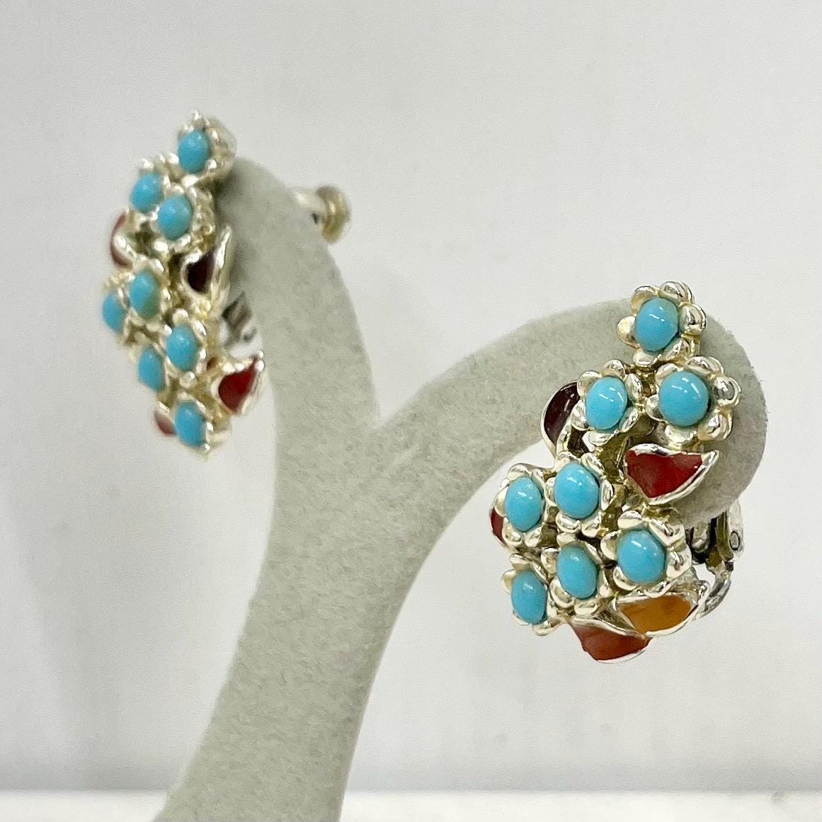 Vintage Faux Turquoise Blue & Enamel Jewelcraft Clip On Earrings Gold Plated Hollywood Glamour MillyOliverVintage