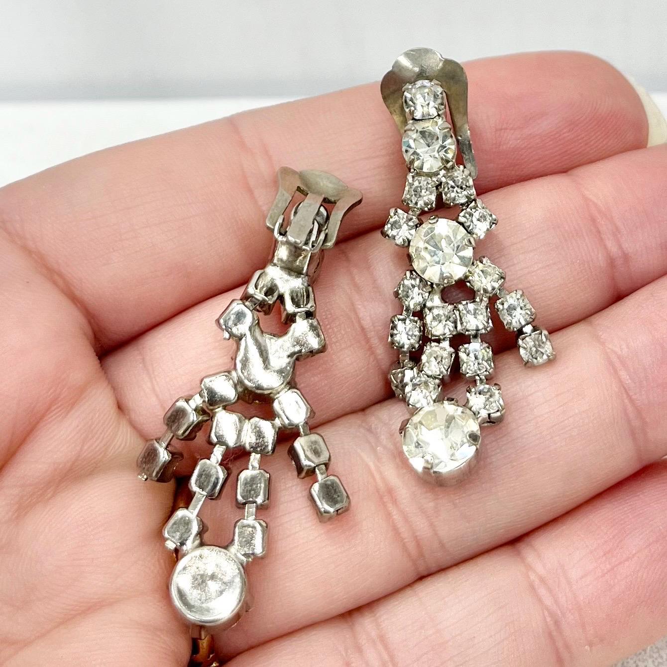 Vintage Clear Crystal Drop Clip On Earrings Silver Tone Statement Style 1960’s - 1970’s Bridal Earrings MillyOliverVintage