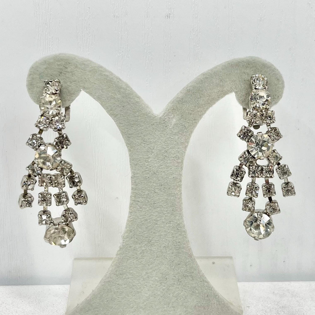Vintage Clear Crystal Drop Clip On Earrings Silver Tone Statement Style 1960’s - 1970’s Bridal Earrings MillyOliverVintage
