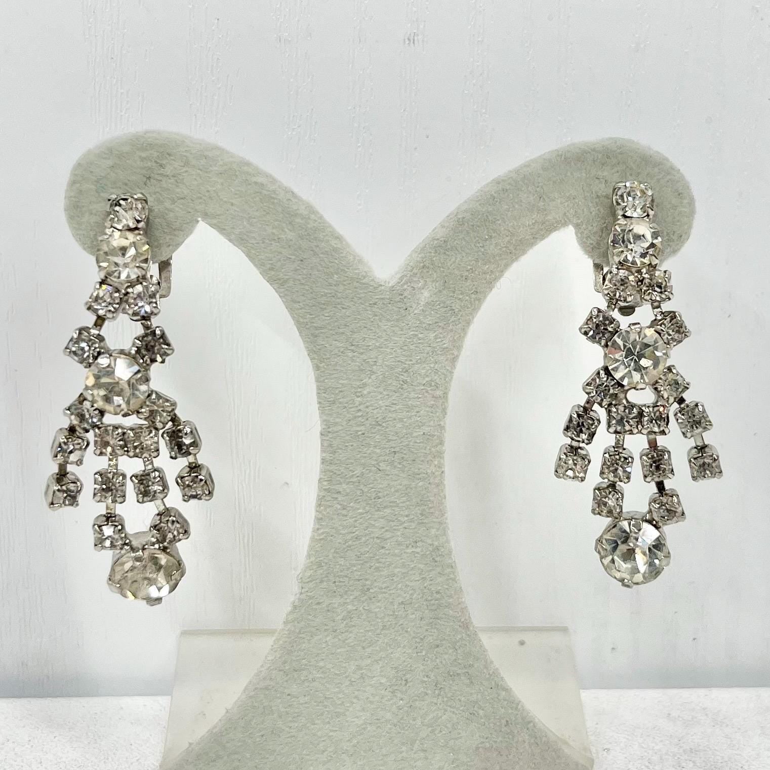 Vintage Clear Crystal Drop Clip On Earrings Silver Tone Statement Style 1960’s - 1970’s Bridal Earrings MillyOliverVintage