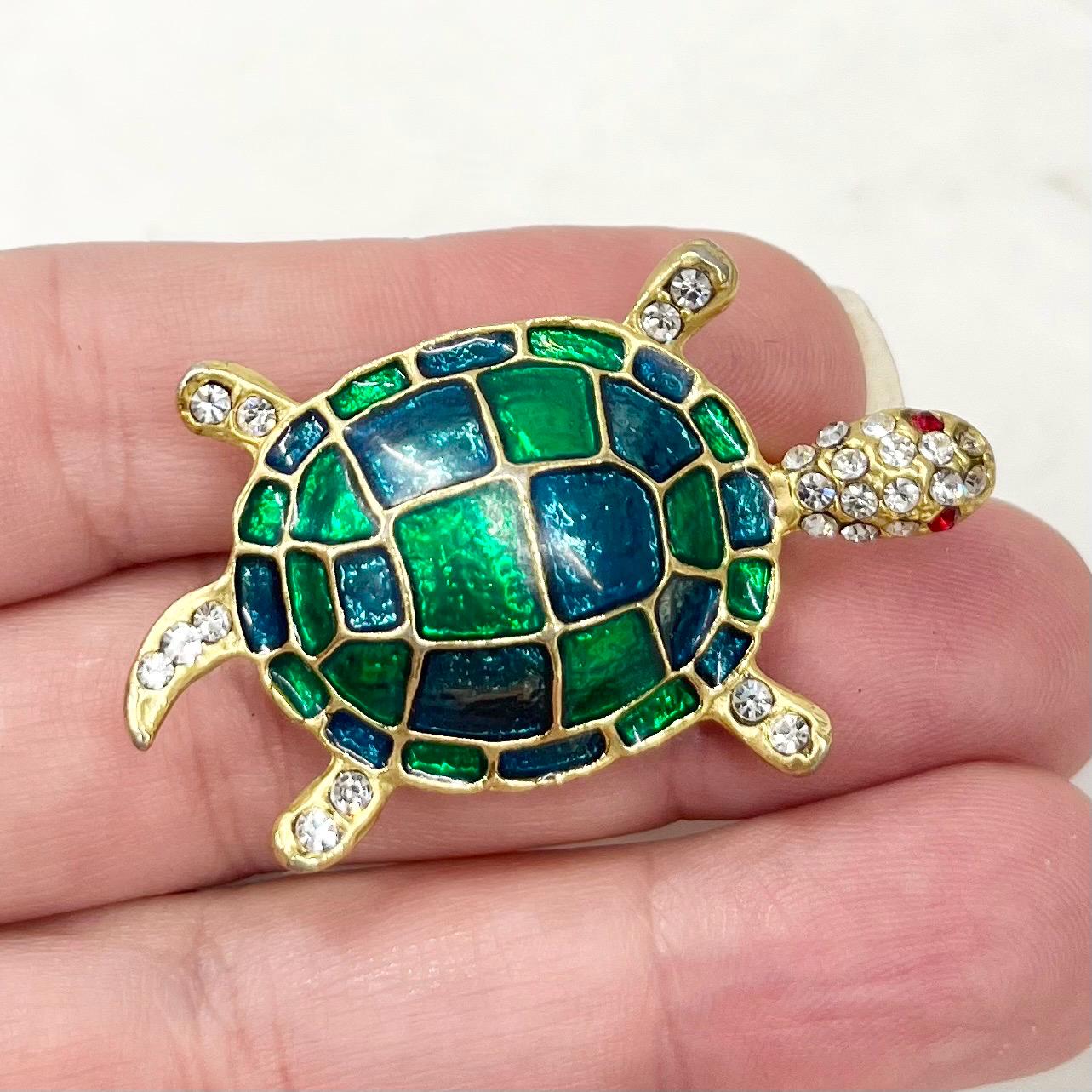 Vintage Gold Plated Turtle / Tortoise Brooch with Enamel & Diamante Crystals MillyOliverVintage
