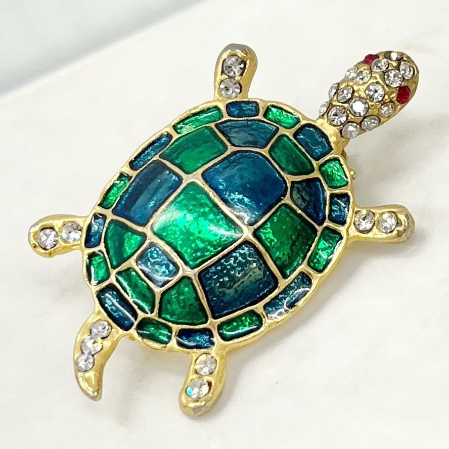 Vintage Gold Plated Turtle / Tortoise Brooch with Enamel & Diamante Crystals MillyOliverVintage
