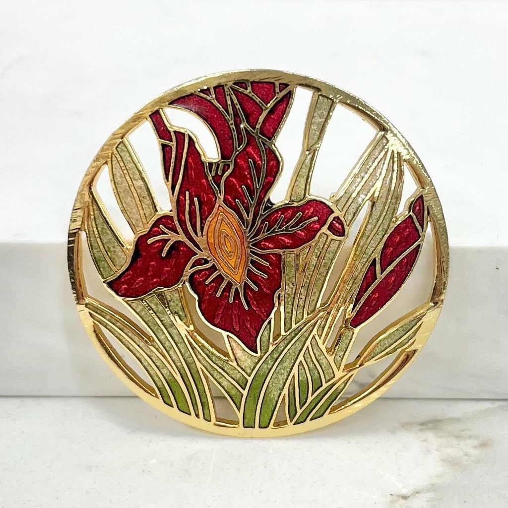 Vintage Gold Tone Cloisonne Enamel Orchid Brooch MillyOliverVintage
