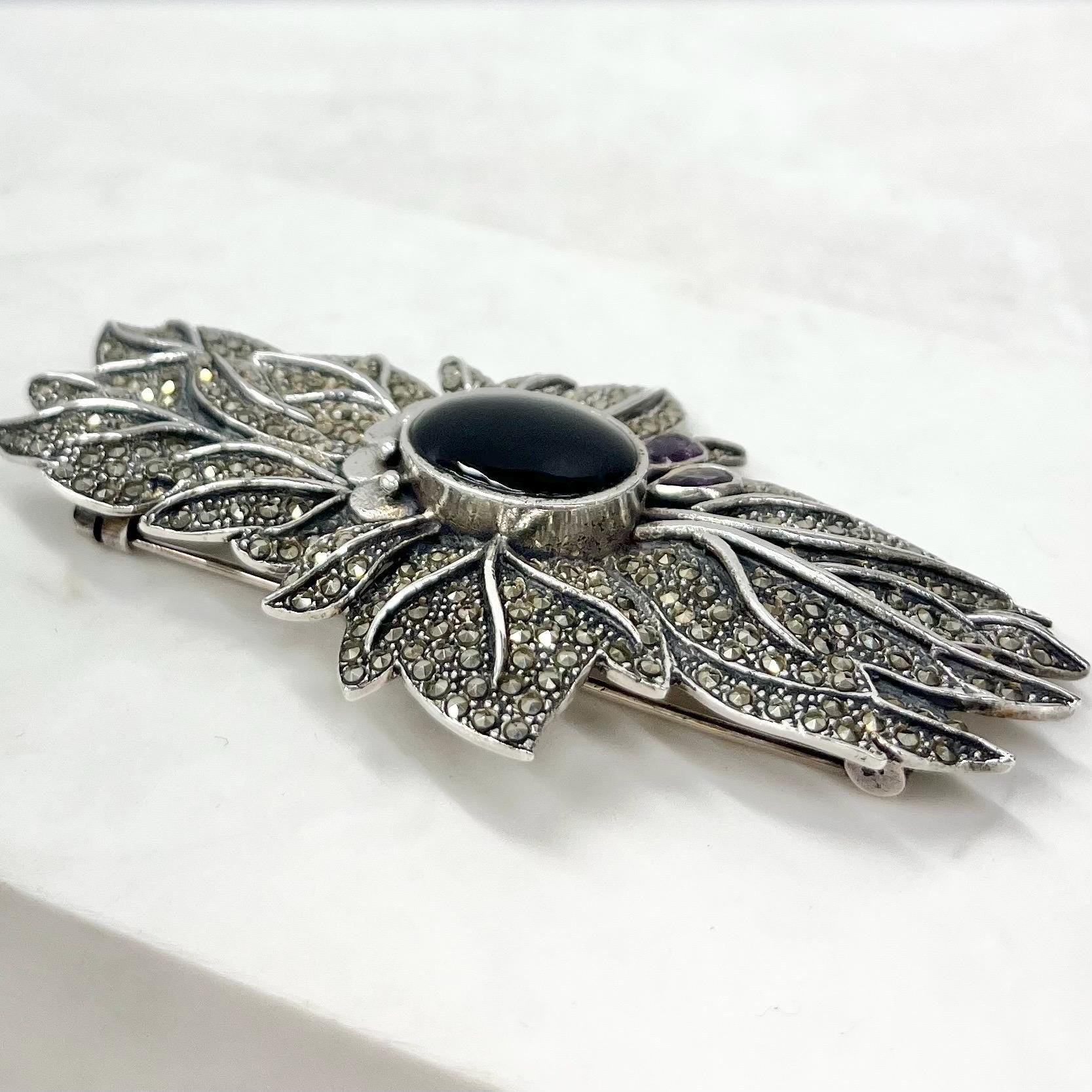 Large Vintage Sterling Silver Marcasite Leaf Brooch with Black Onyx and Amethyst Accents 8.5cm Statement Jewellery MillyOliverVintage