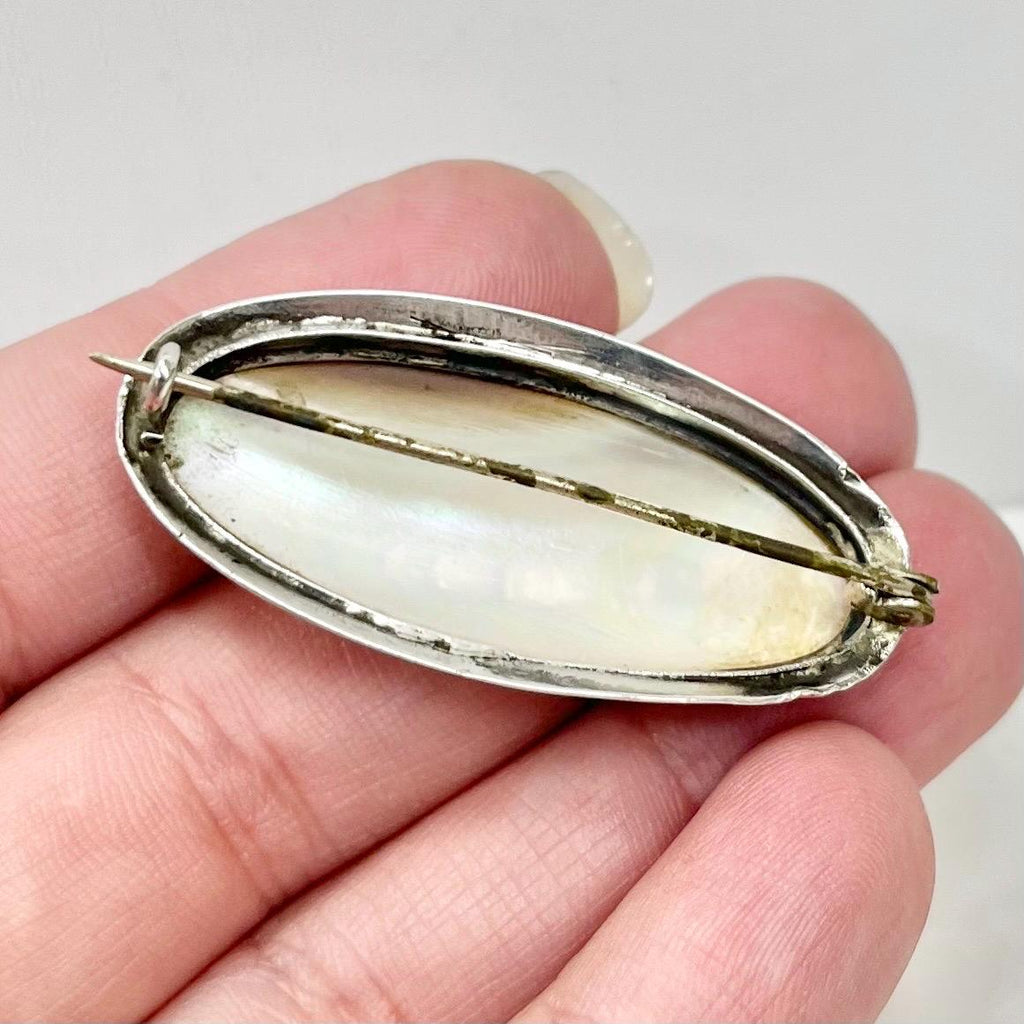 Antique Vintage White Metal & Mother of Pearl Oval Brooch MillyOliverVintage