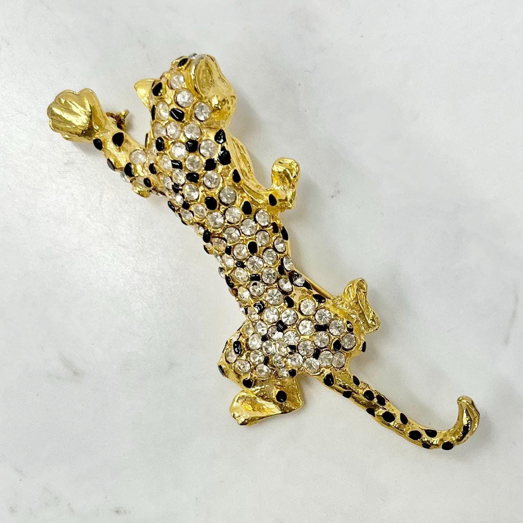 Large Vintage Gold Tone Climbing Leopard Brooch with Clear Crystal Accents MillyOliverVintage