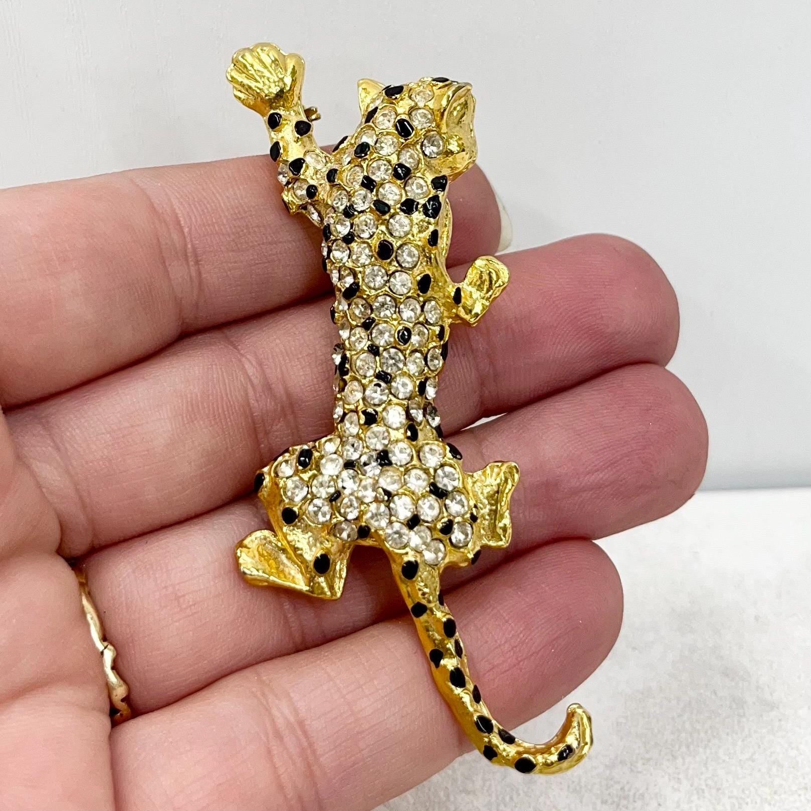 Large Vintage Gold Tone Climbing Leopard Brooch with Clear Crystal Accents MillyOliverVintage