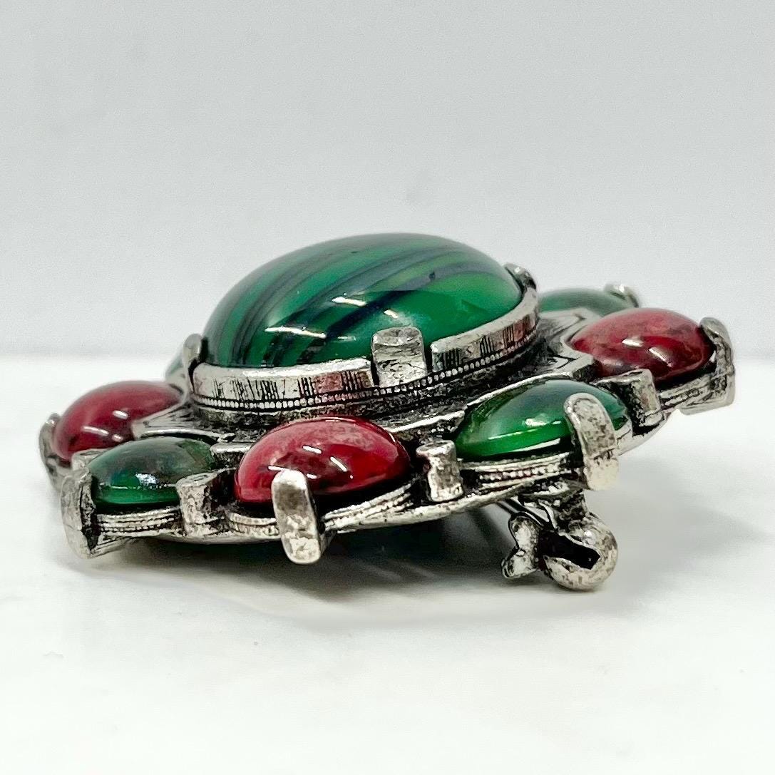 Vintage Christmas Coloured Red & Green Large Celtic Miracle Brooch Silver Tone Costume Jewellery Piece MillyOliverVintage