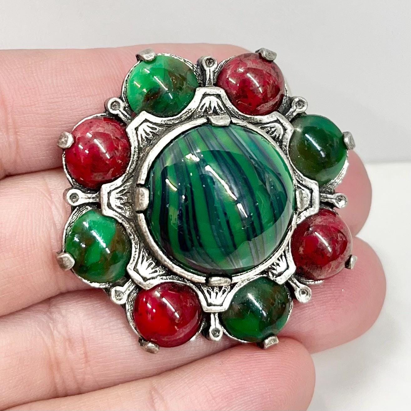Vintage Christmas Coloured Red & Green Large Celtic Miracle Brooch Silver Tone Costume Jewellery Piece MillyOliverVintage