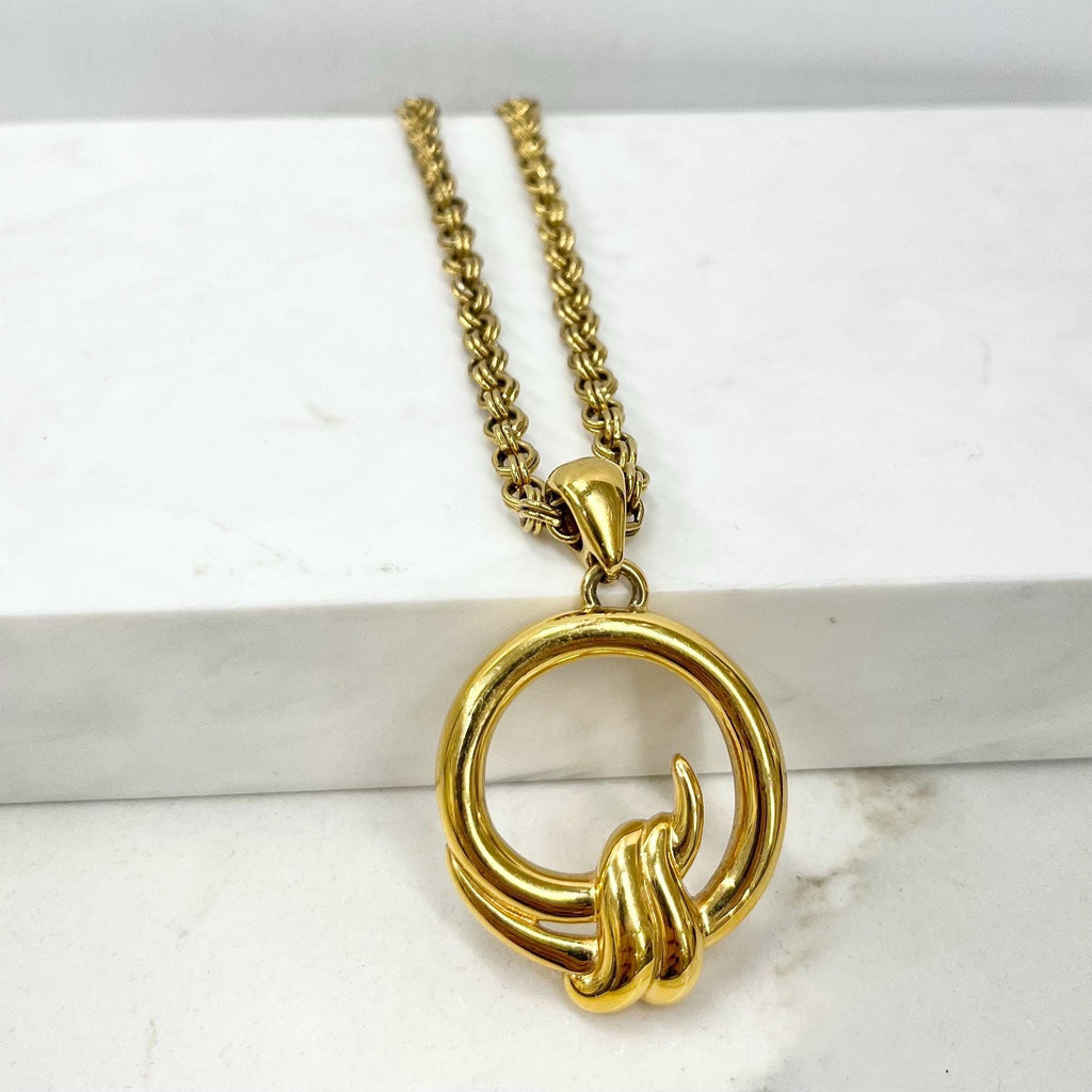 Vintage 1970‘s Gold Plate Circular Ribbon Monet Pendant Necklace with a 24” Chunky Chain MillyOliverVintage