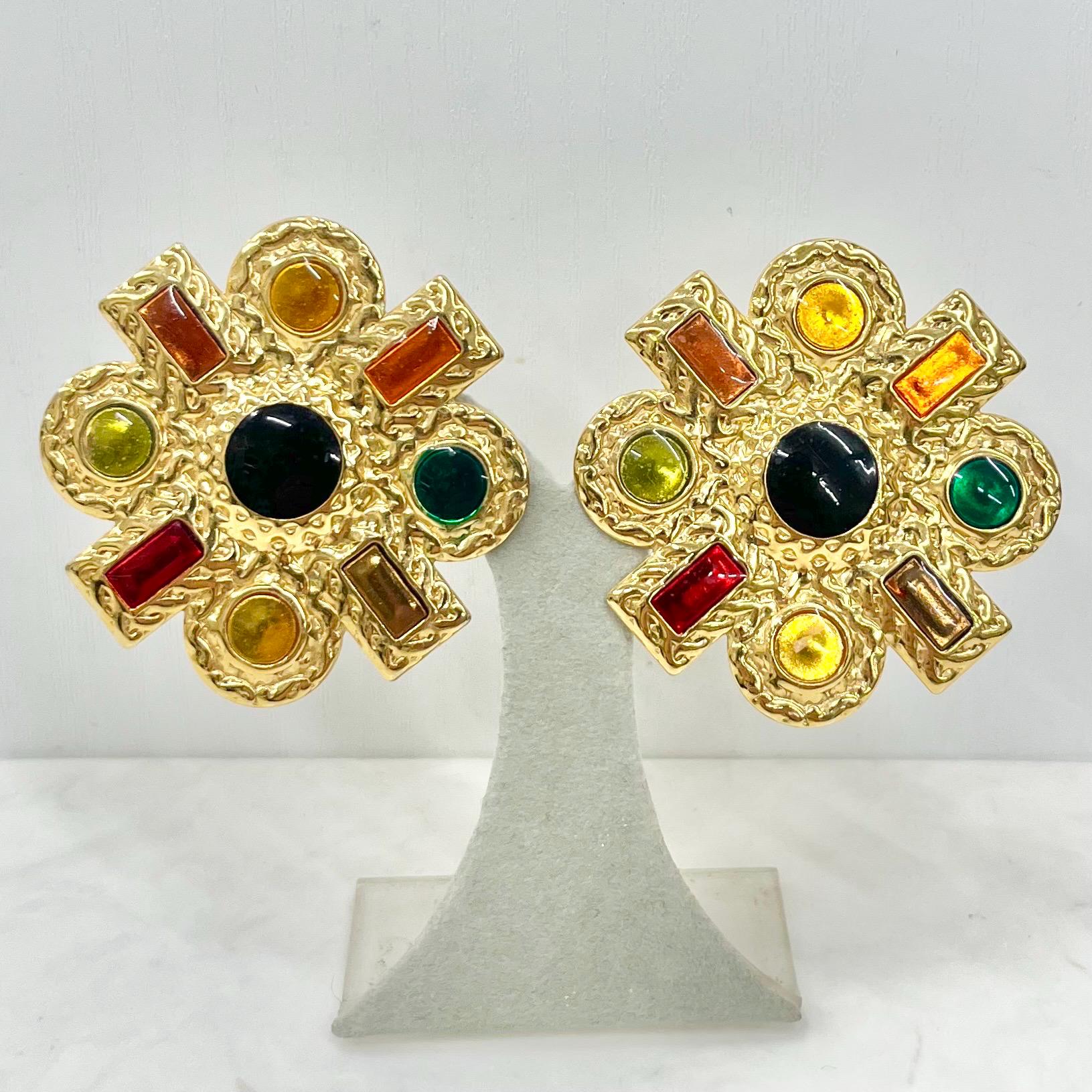 Huge Oversized Vintage Gold Tone Coloured Enamel Clip on Earrings 1980’s - 1990’s MillyOliverVintage