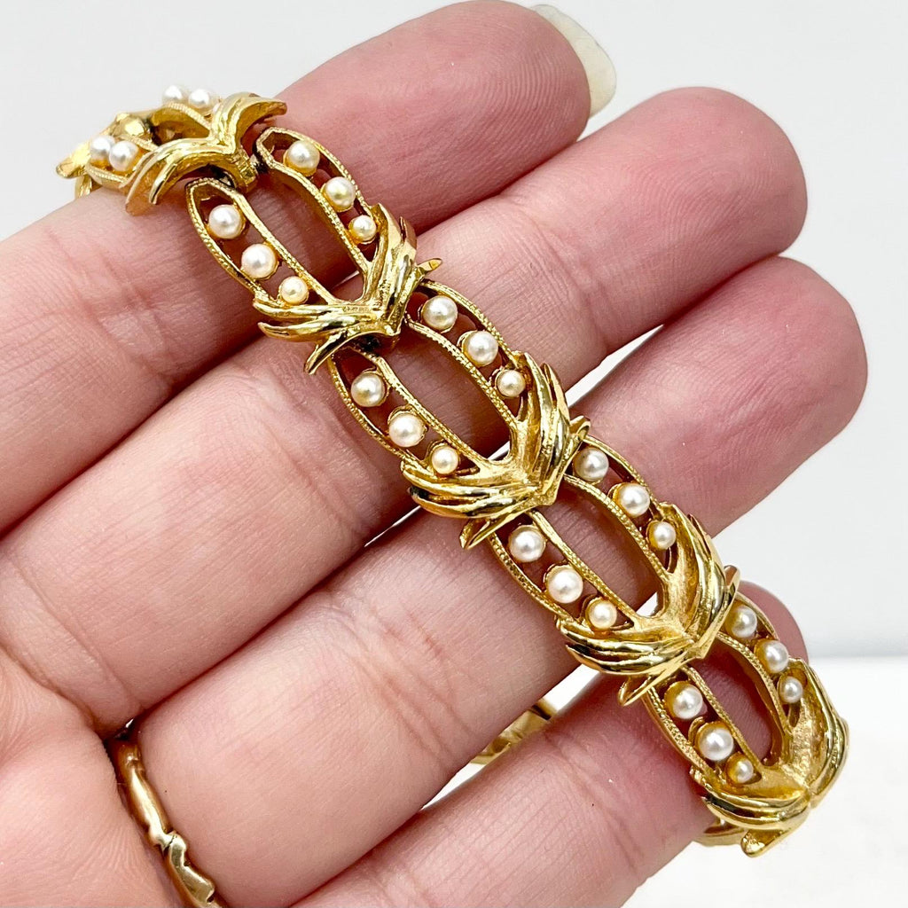 Vintage Gold Plate Faux Pearl Bead Bracelet - Elegant Costume Jewellery 7” Long MillyOliverVintage