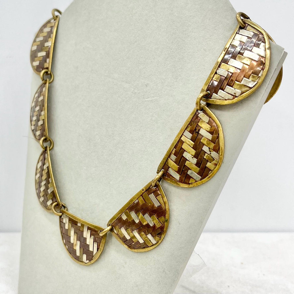 Vintage Artisan Copper Brass & Silver Plate Woven Semi Circle Drop Necklace Three Colour 21” Long MillyOliverVintage