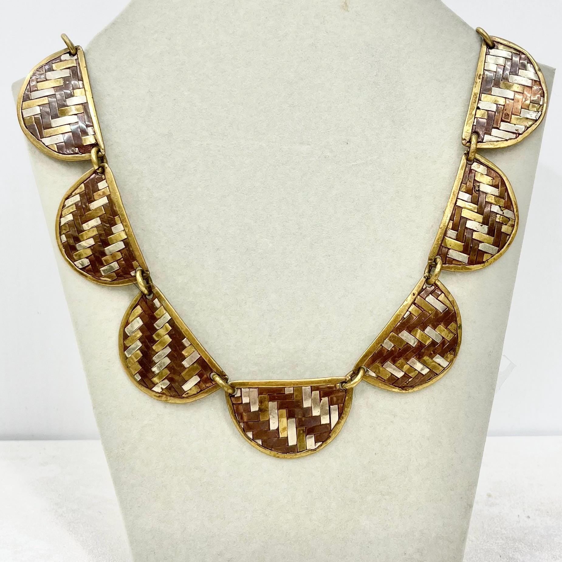 Vintage Artisan Copper Brass & Silver Plate Woven Semi Circle Drop Necklace Three Colour 21” Long MillyOliverVintage