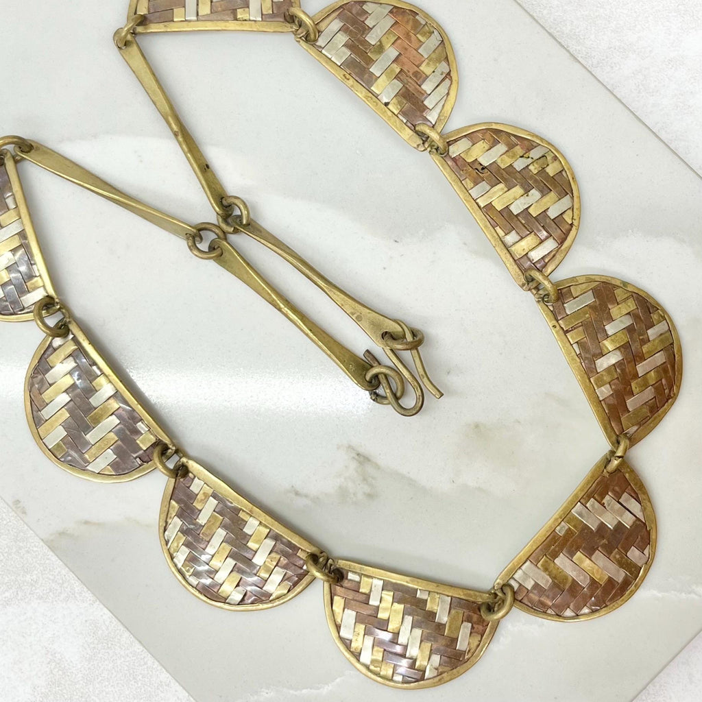 Vintage Artisan Copper Brass & Silver Plate Woven Semi Circle Drop Necklace Three Colour 21” Long MillyOliverVintage