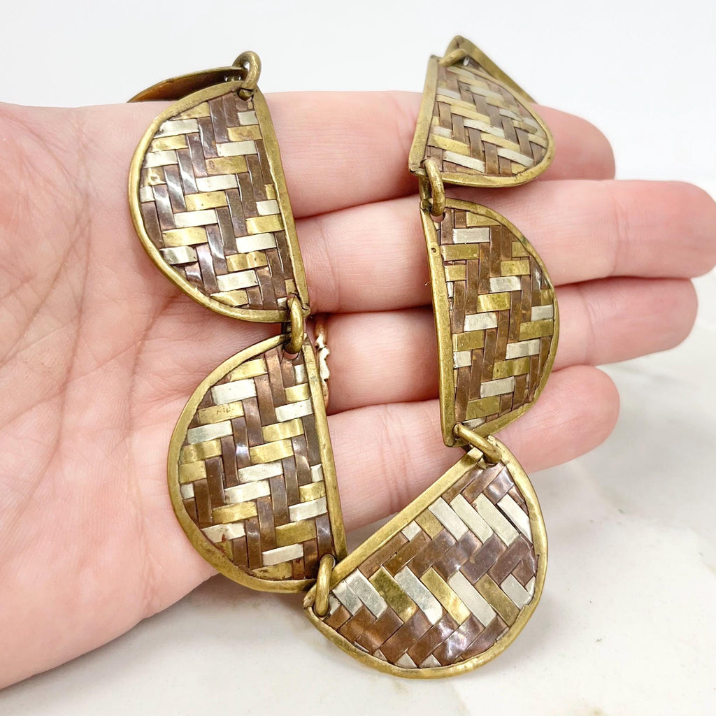 Vintage Artisan Copper Brass & Silver Plate Woven Semi Circle Drop Necklace Three Colour 21” Long MillyOliverVintage
