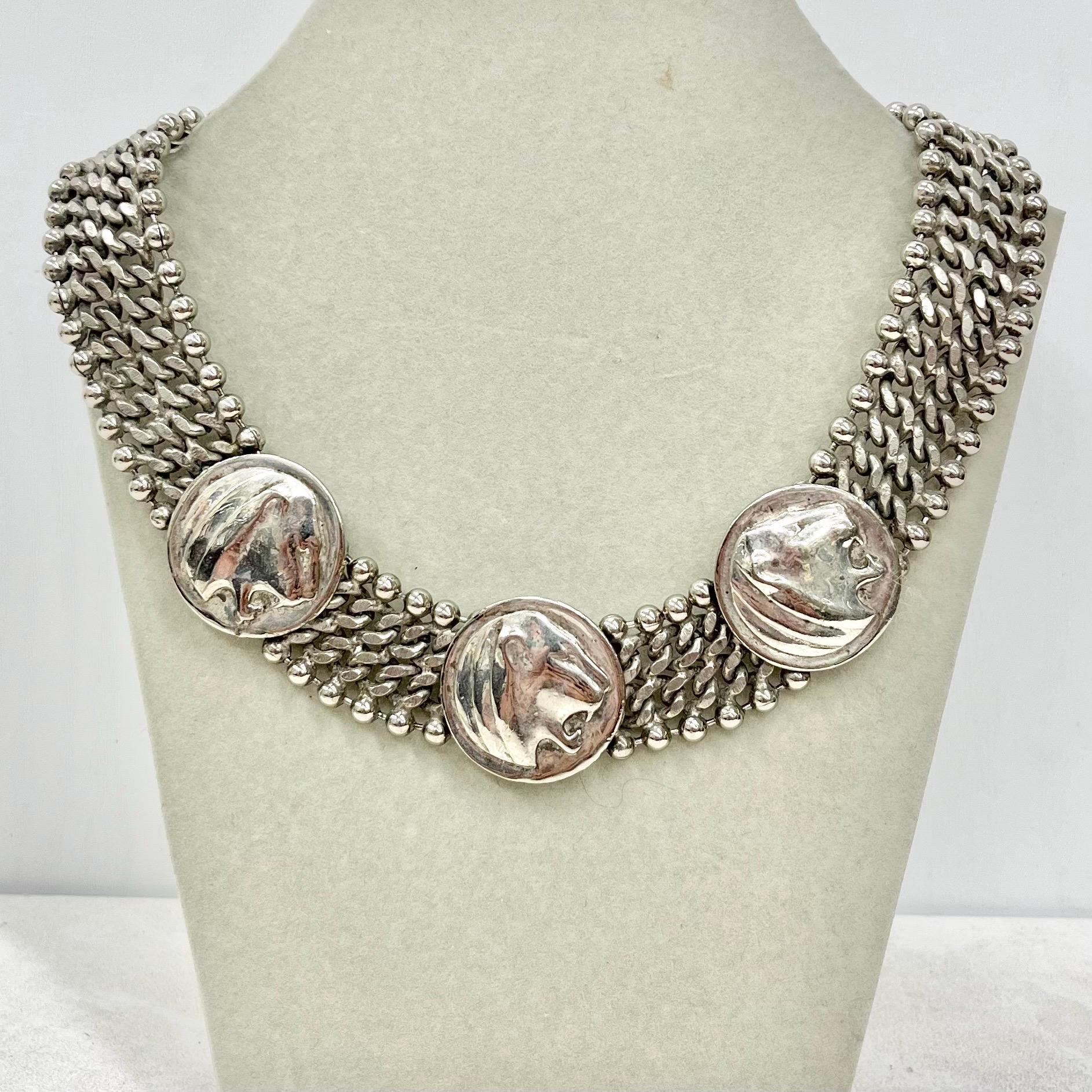 Vintage Unusual Panther Head Chunky Flat Link Collar Necklace - Designer Jewellery MillyOliverVintage