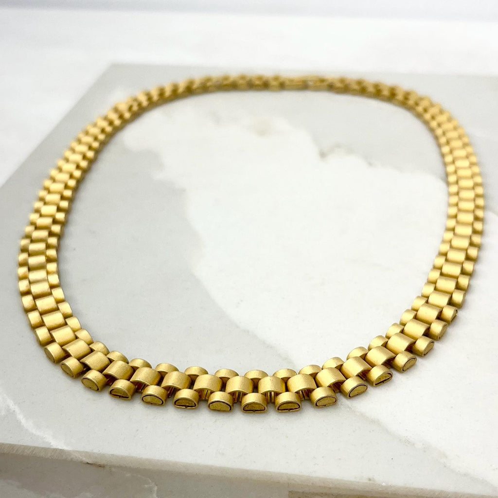 Vintage Unusual Matte Gold Plate Flat Link Collar Necklace - Designer Jewellery MillyOliverVintage