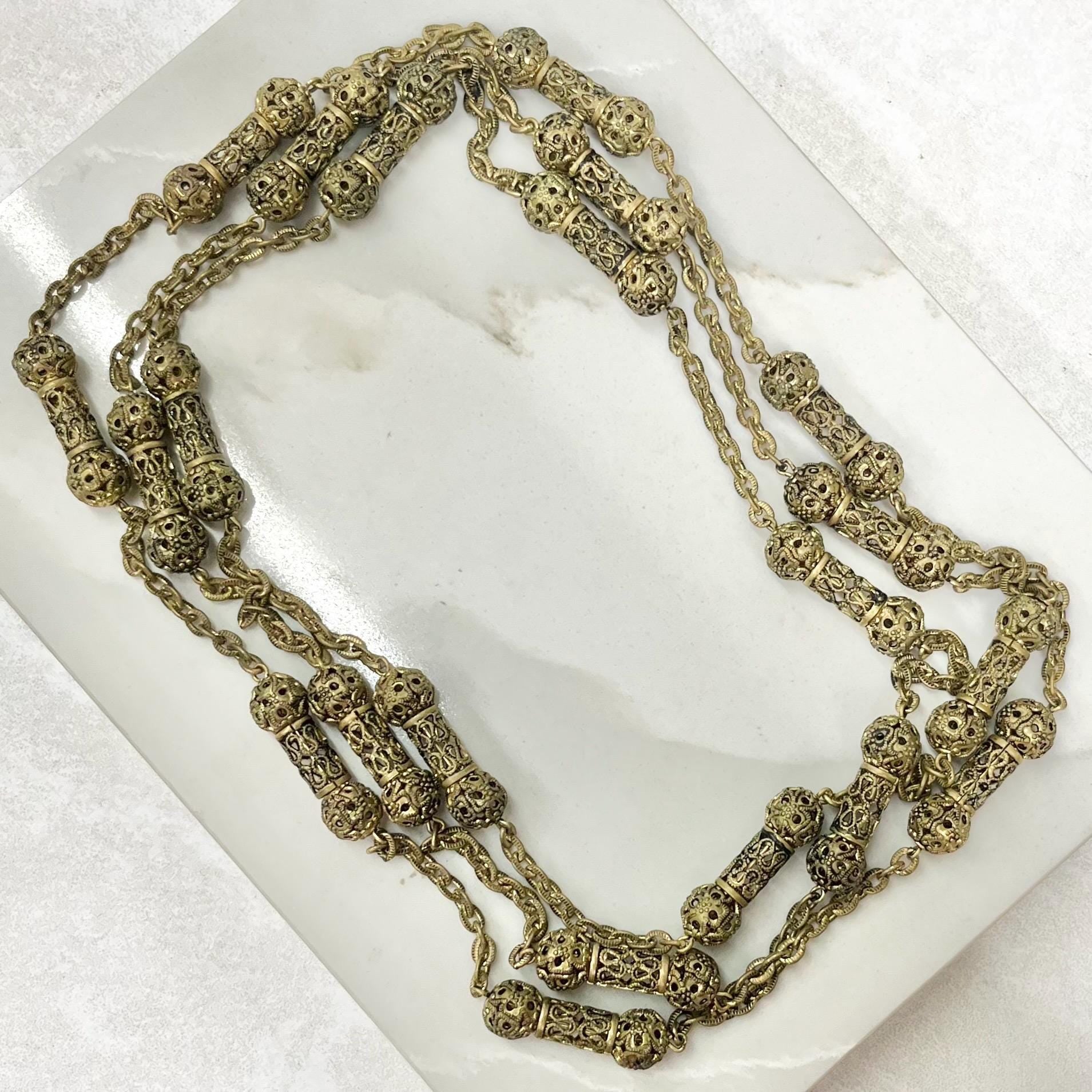 Vintage Brass Filigree Bead Link Chain Necklace 62” Long with No Clasp MillyOliverVintage