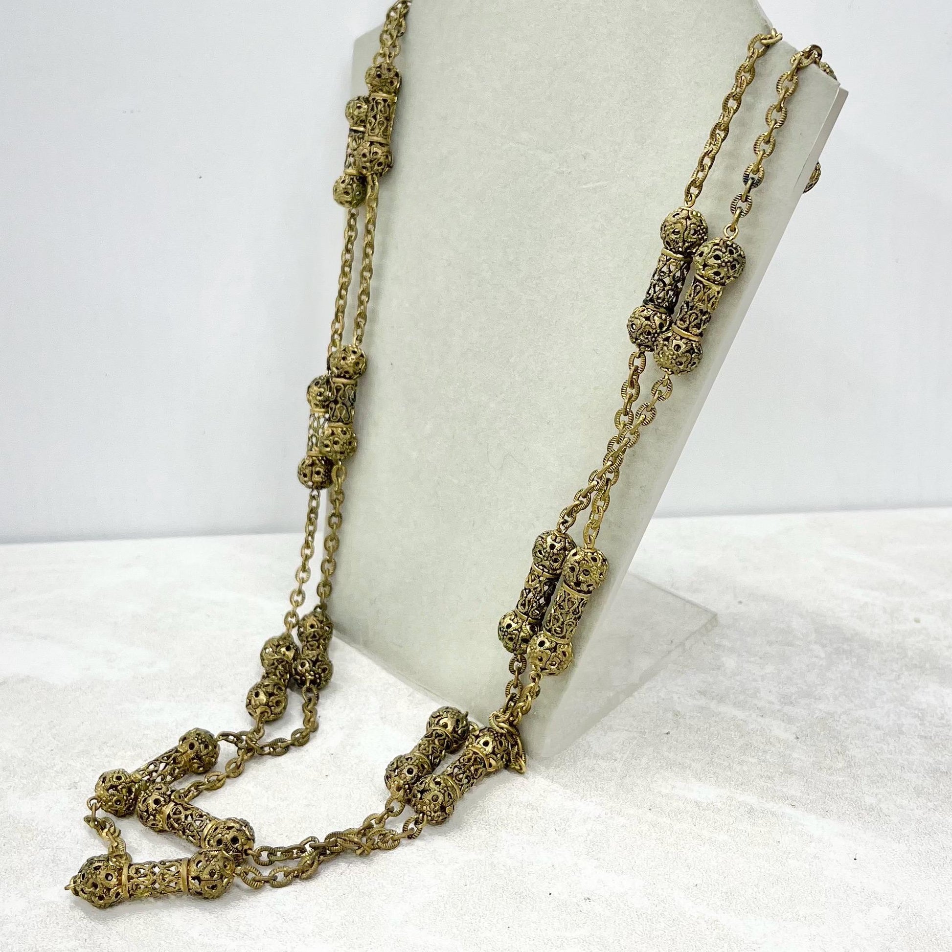 Vintage Brass Filigree Bead Link Chain Necklace 62” Long with No Clasp MillyOliverVintage