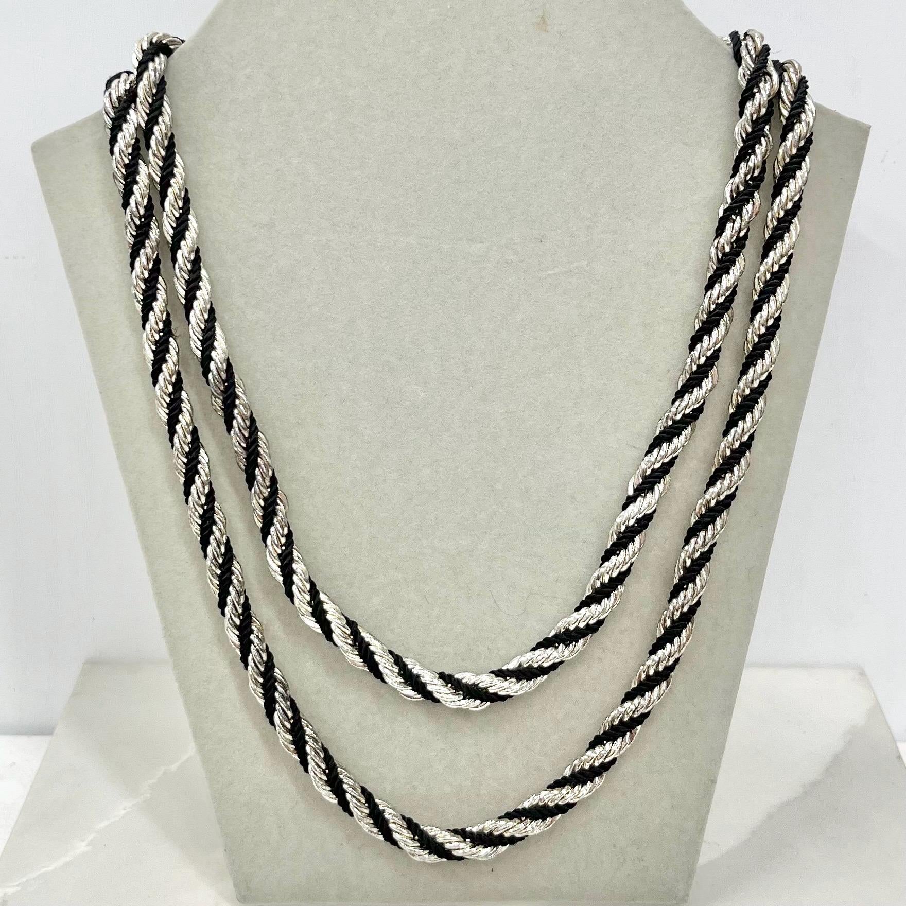Vintage Silver Plated & Black Cord Rope Twist Chain Necklace 1970’s - 1980’s Statement Power Chain MillyOliverVintage