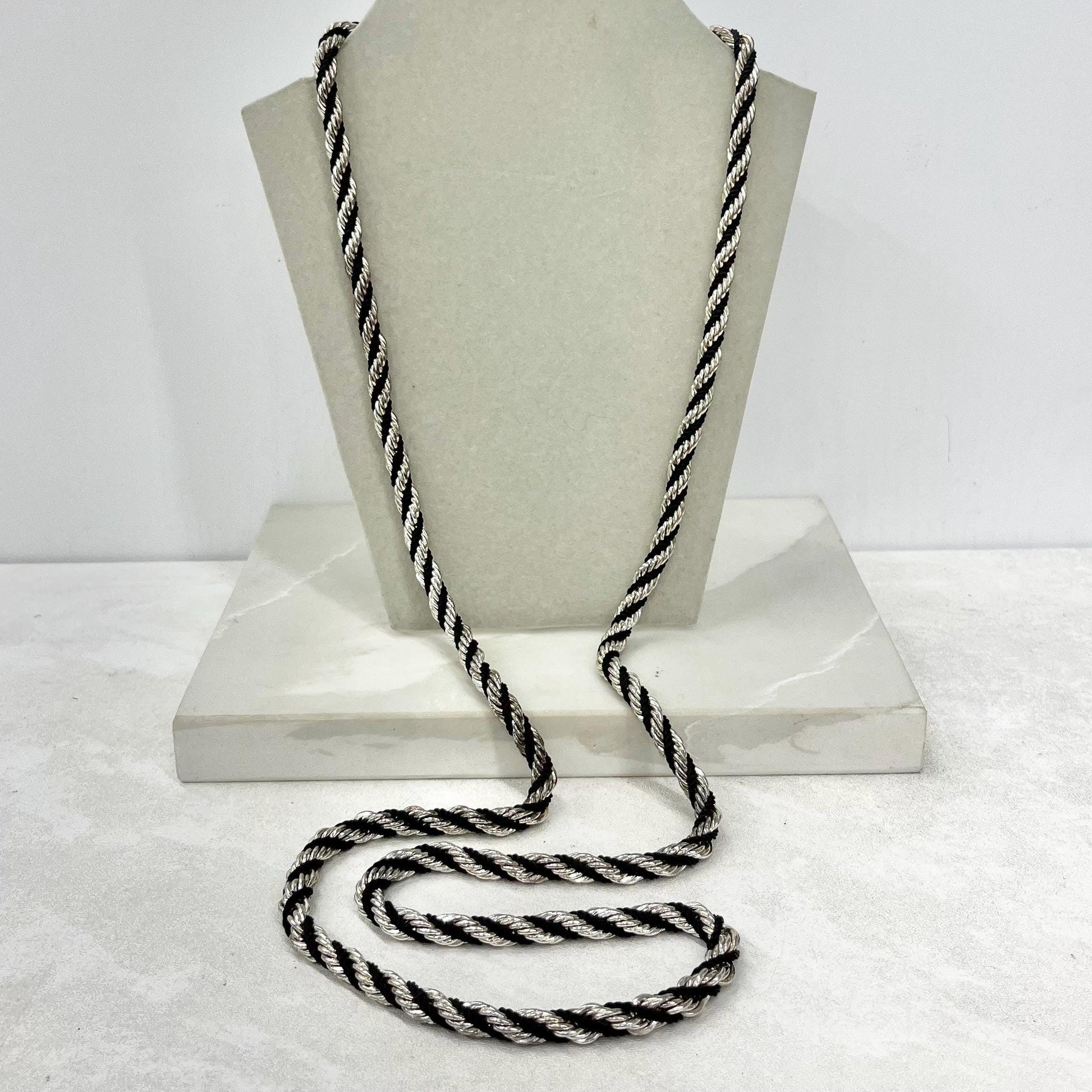 Vintage Silver Plated & Black Cord Rope Twist Chain Necklace 1970’s - 1980’s Statement Power Chain MillyOliverVintage