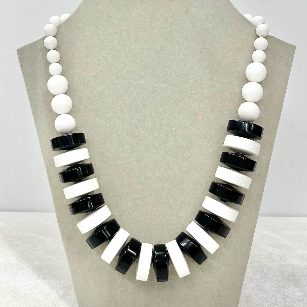 Vintage Black & White Acrylic Disc Bead Necklace - 16" with a 2” Extender Chain MillyOliverVintage