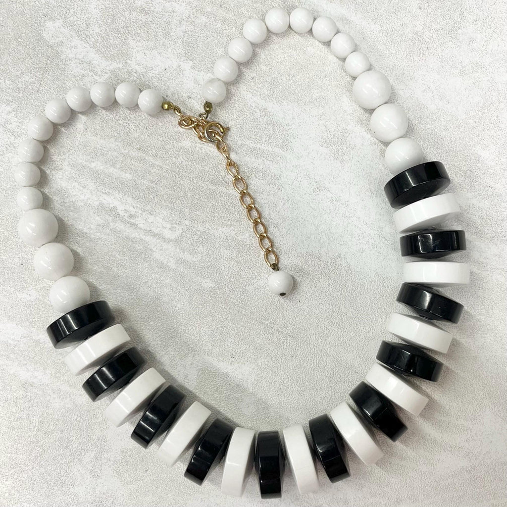 Vintage Black & White Acrylic Disc Bead Necklace - 16" with a 2” Extender Chain MillyOliverVintage