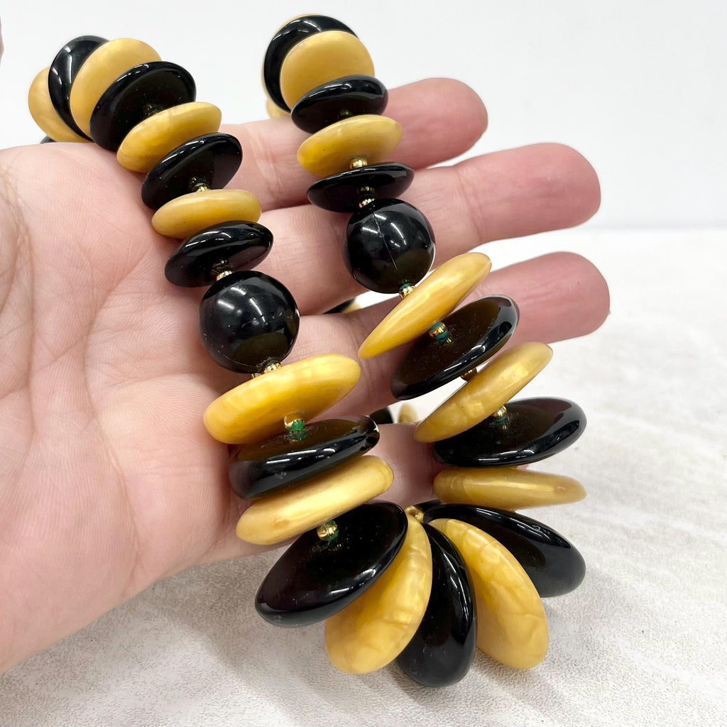 Vintage Black & Yellow Acrylic / Plastic Chunky Disc Bead Necklace - 24" MillyOliverVintage