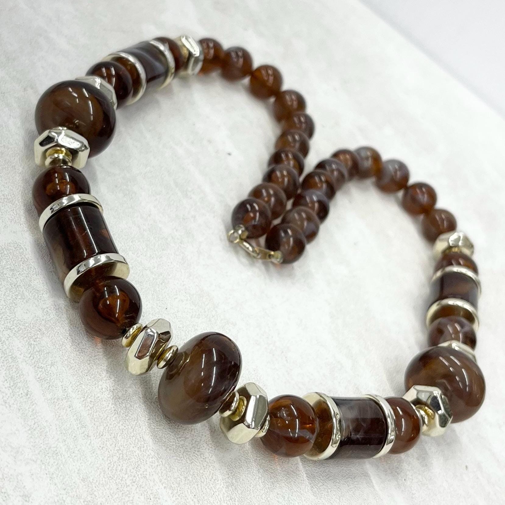 Vintage Chunky Brown & Cream Swirled Acrylic Plastic Barrel Bead Necklace 1980s 23” Long MillyOliverVintage