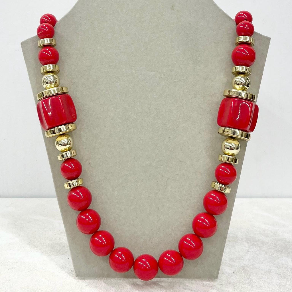 Vintage Chunky Red & Gold Acrylic Plastic Barrel Bead Necklace 1980s 26” Long MillyOliverVintage