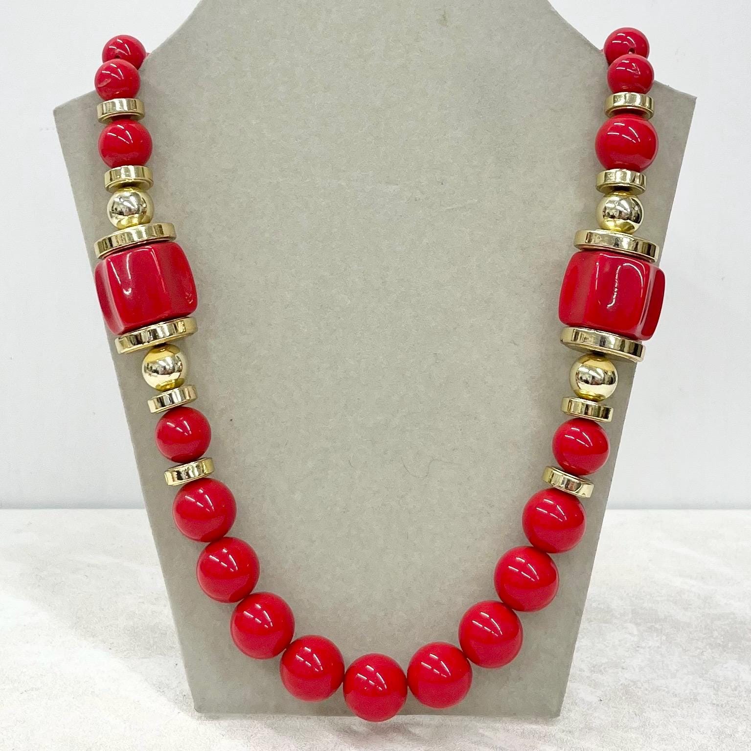 Vintage Chunky Red & Gold Acrylic Plastic Barrel Bead Necklace 1980s 26” Long MillyOliverVintage