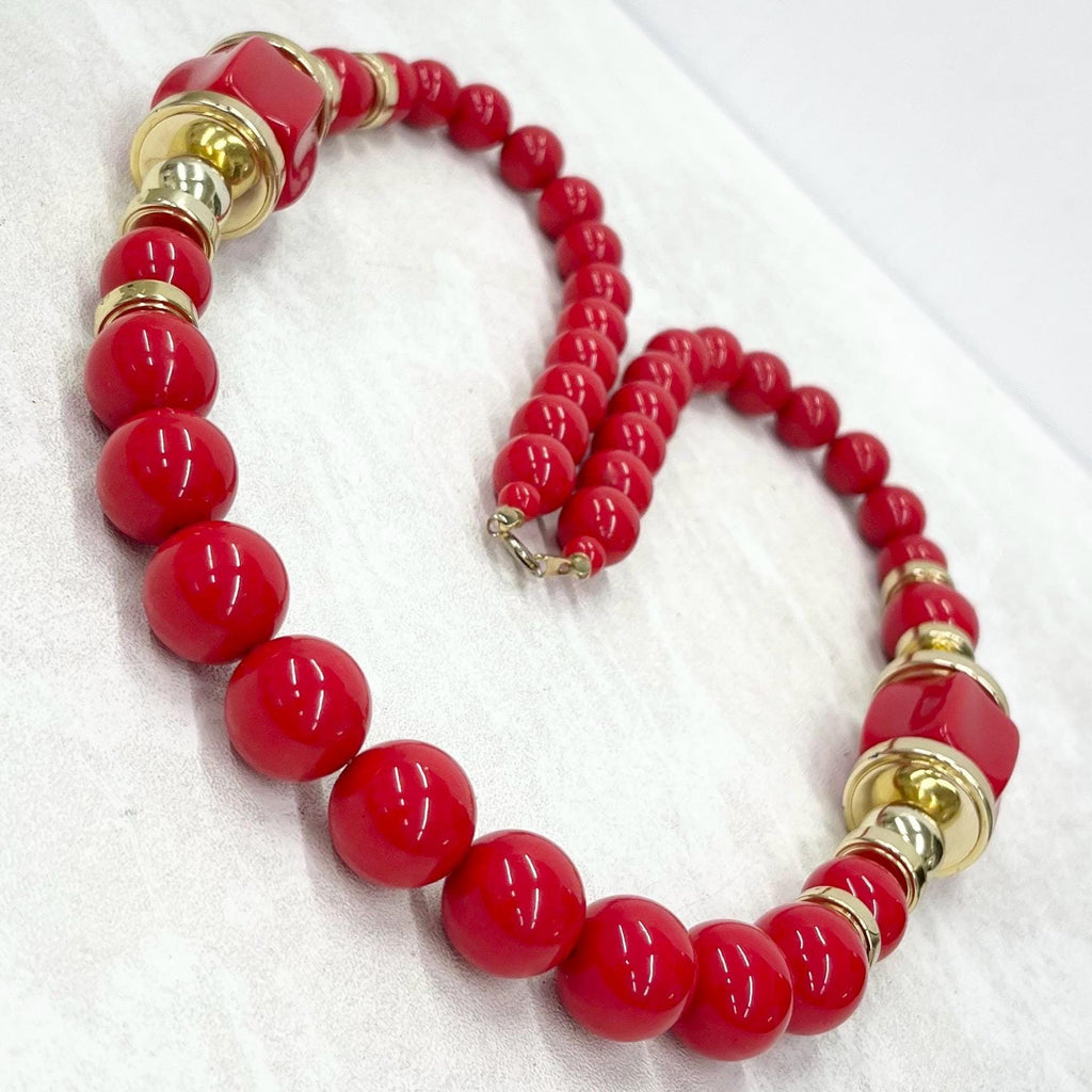 Vintage Chunky Red & Gold Acrylic Plastic Barrel Bead Necklace 1980s 26” Long MillyOliverVintage