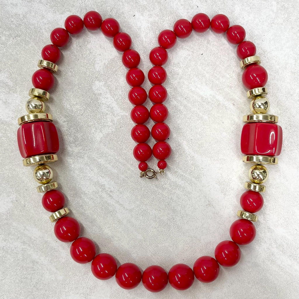 Vintage Chunky Red & Gold Acrylic Plastic Barrel Bead Necklace 1980s 26” Long MillyOliverVintage