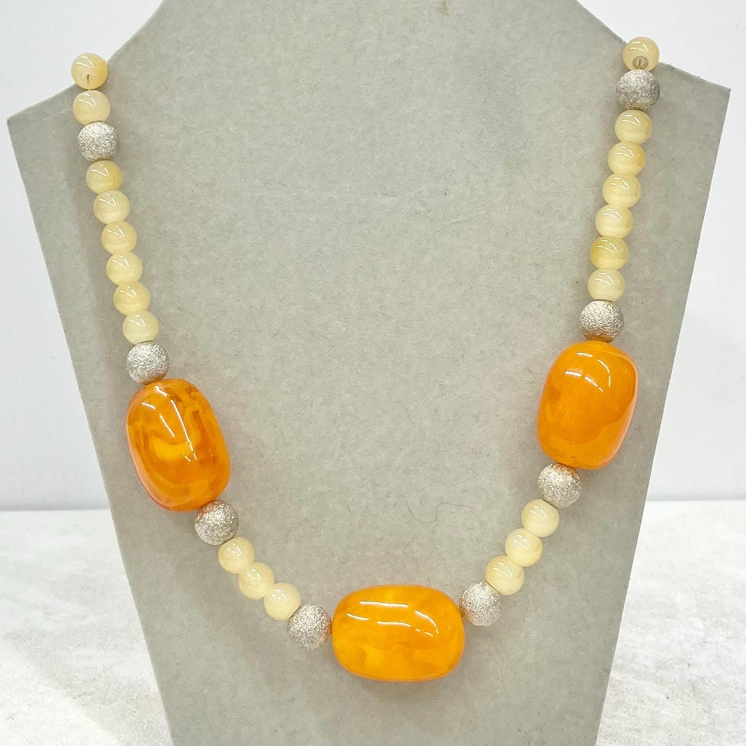 Vintage Chunky Orange & Pale Yellow Acrylic Plastic and Glass Bead Necklace 1980’s 24” Long MillyOliverVintage