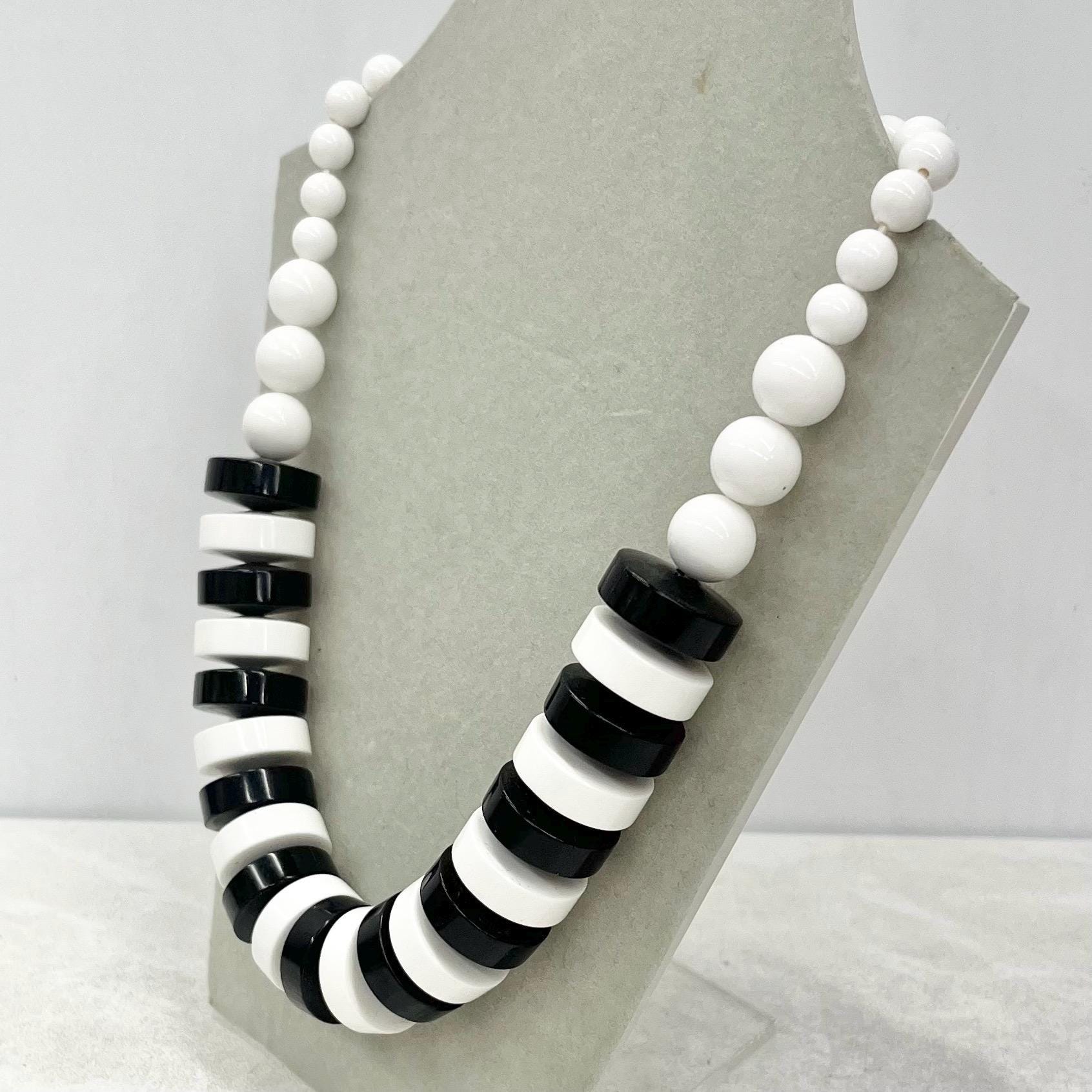 Vintage Black & White Acrylic Disc Bead Necklace - 16" with a 2” Extender Chain MillyOliverVintage