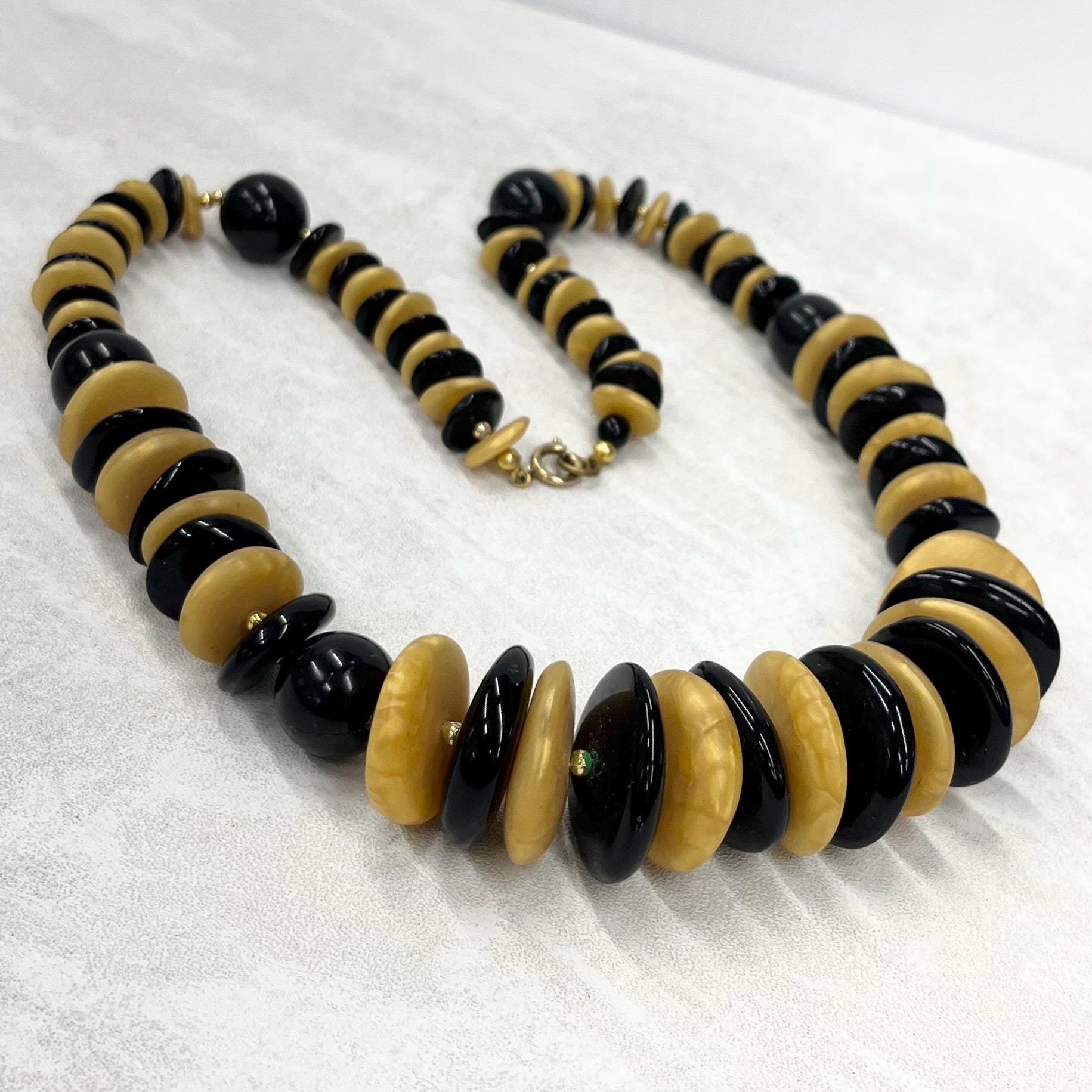 Vintage Black & Yellow Acrylic / Plastic Chunky Disc Bead Necklace - 24" MillyOliverVintage