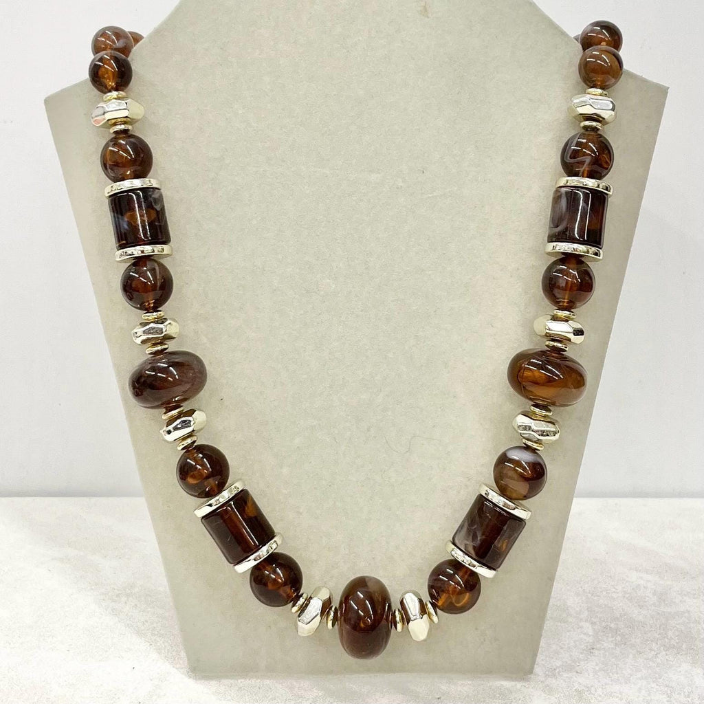 Vintage Chunky Brown & Cream Swirled Acrylic Plastic Barrel Bead Necklace 1980s 23” Long MillyOliverVintage