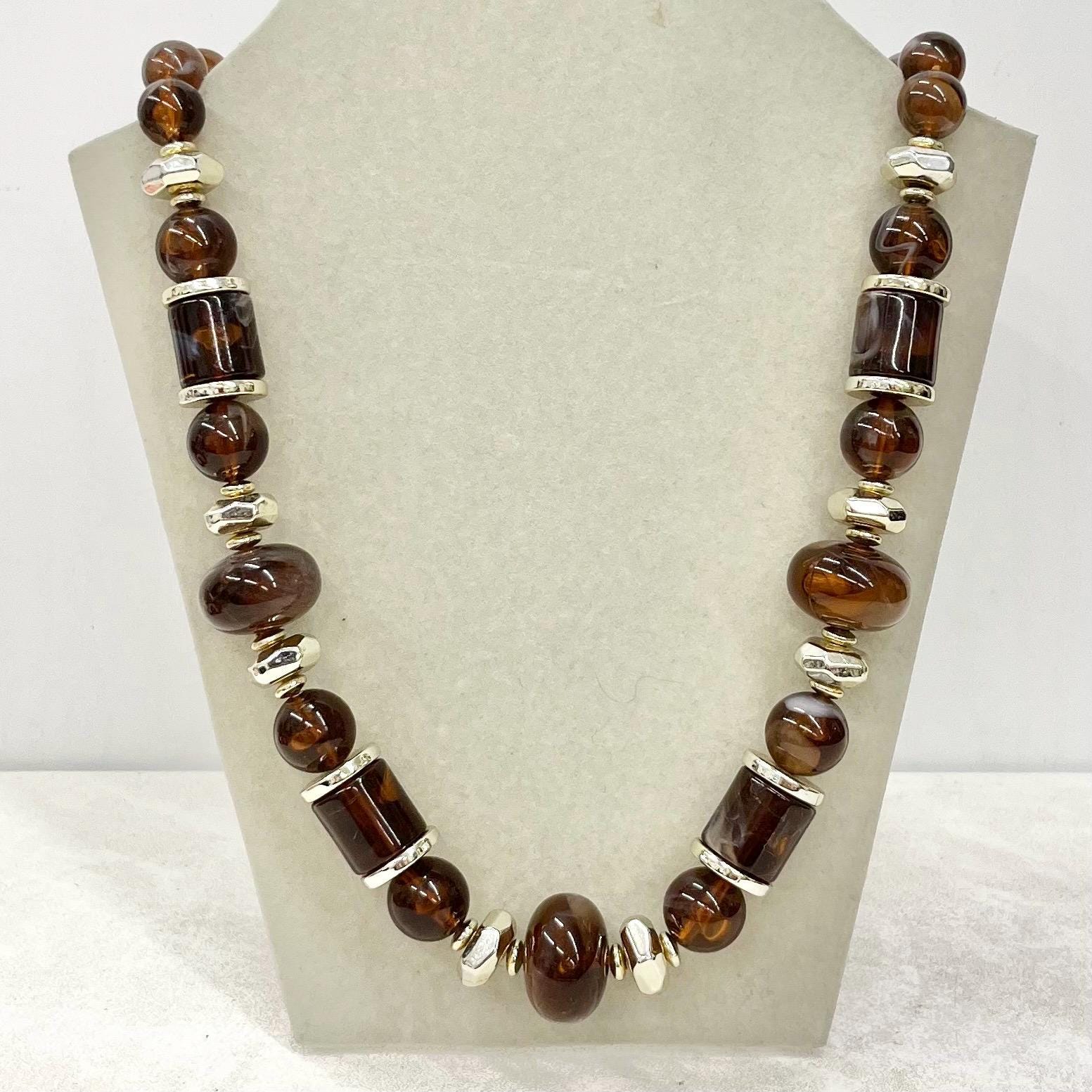 Vintage Chunky Brown & Cream Swirled Acrylic Plastic Barrel Bead Necklace 1980s 23” Long MillyOliverVintage