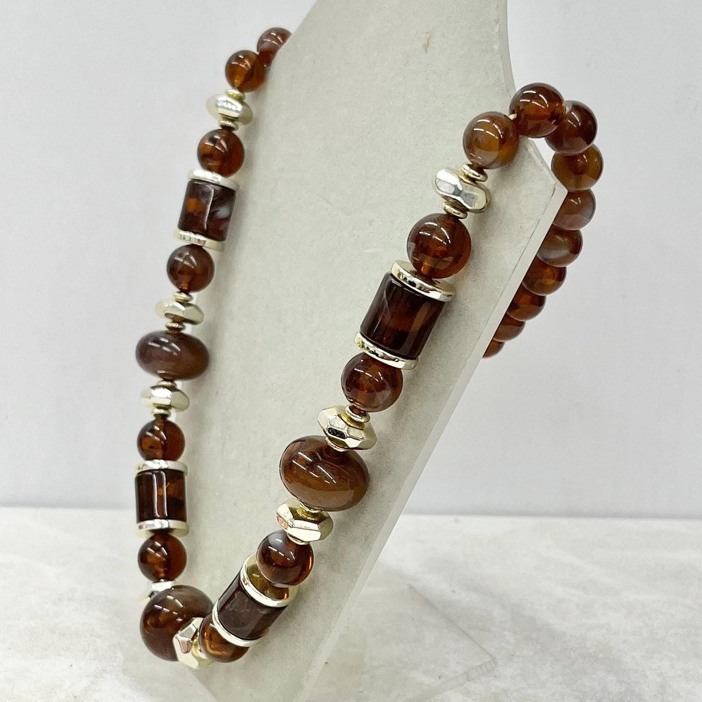 Vintage Chunky Brown & Cream Swirled Acrylic Plastic Barrel Bead Necklace 1980s 23” Long MillyOliverVintage