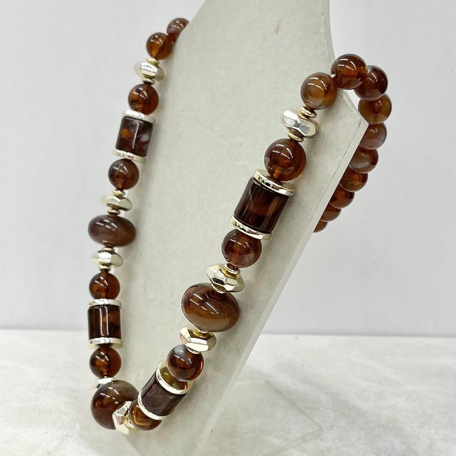 Vintage Chunky Brown & Cream Swirled Acrylic Plastic Barrel Bead Necklace 1980s 23” Long MillyOliverVintage