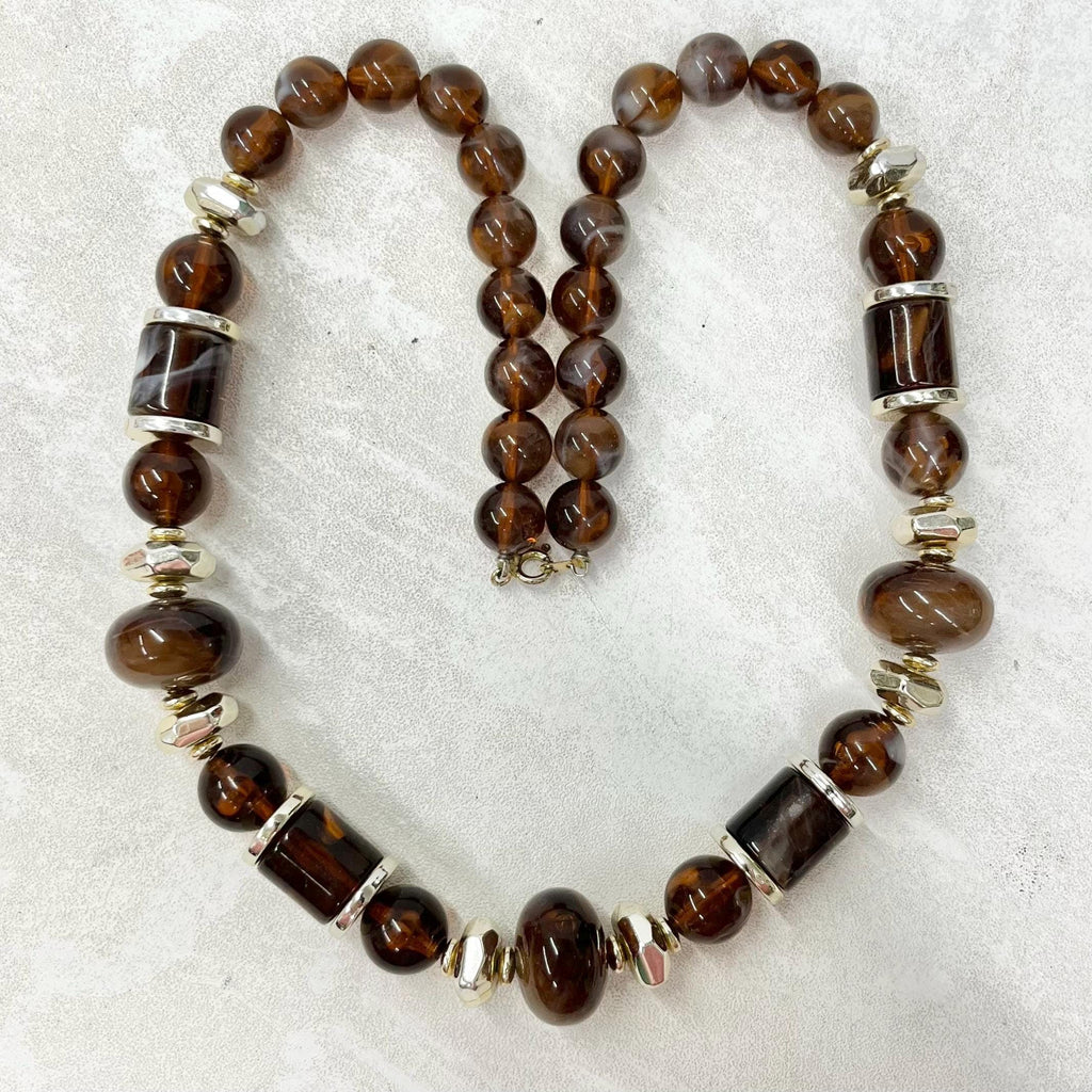 Vintage Chunky Brown & Cream Swirled Acrylic Plastic Barrel Bead Necklace 1980s 23” Long MillyOliverVintage