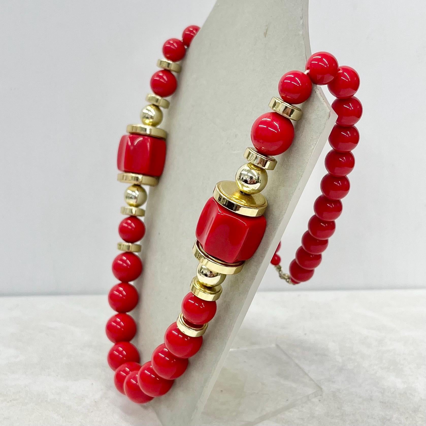 Vintage Chunky Red & Gold Acrylic Plastic Barrel Bead Necklace 1980s 26” Long MillyOliverVintage