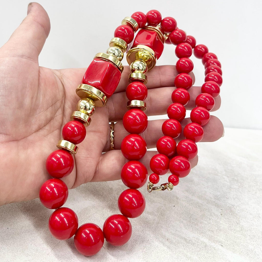 Vintage Chunky Red & Gold Acrylic Plastic Barrel Bead Necklace 1980s 26” Long MillyOliverVintage