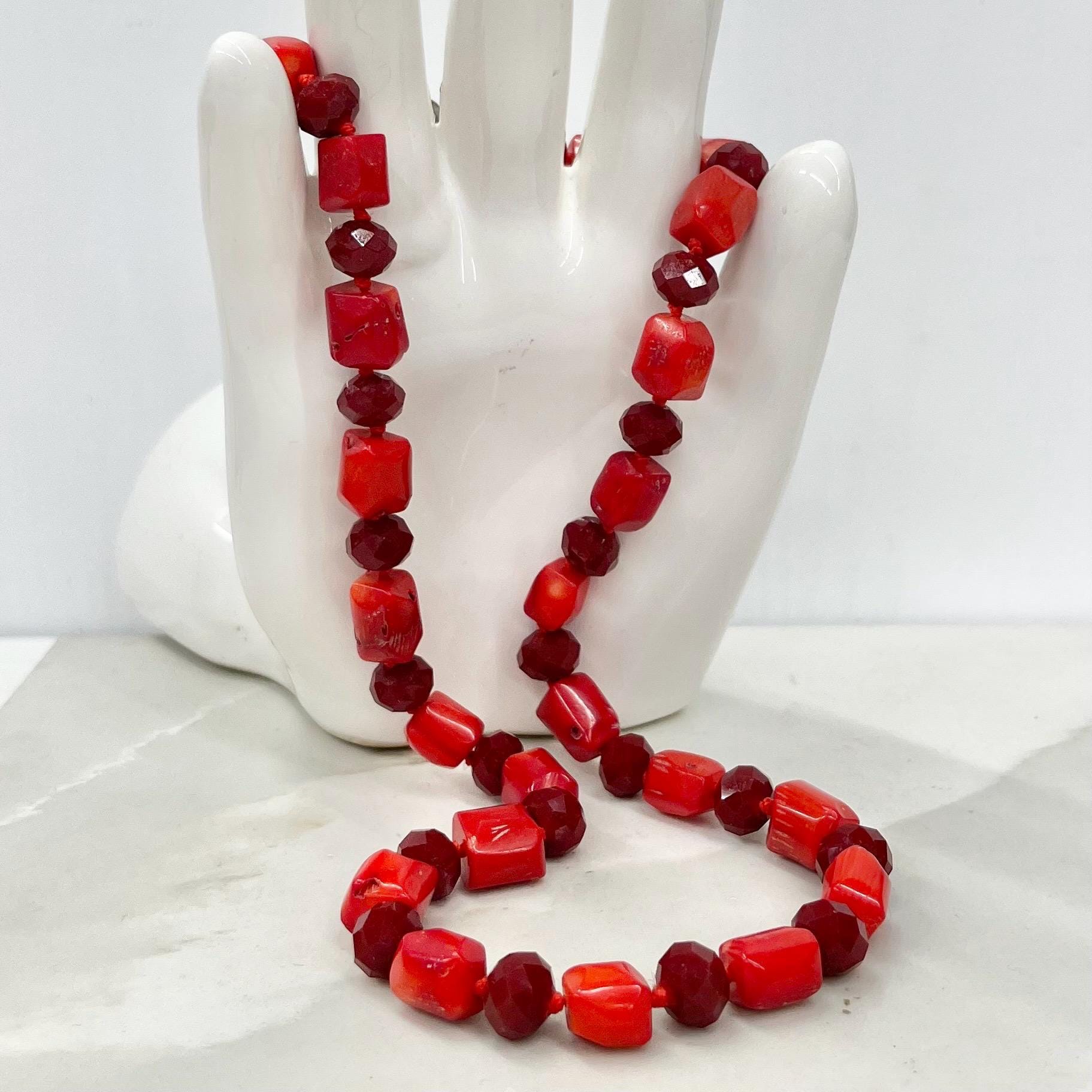 Antique Vintage Red Coral Barrel Bead Necklace with Faceted Ruby Coloured Beads Hand Knotted MillyOliverVintage